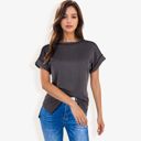 Gray Large Striped Knit Top with Crew Neck and Short Sleeves, Casual Loose Fit Comfortable Blouse