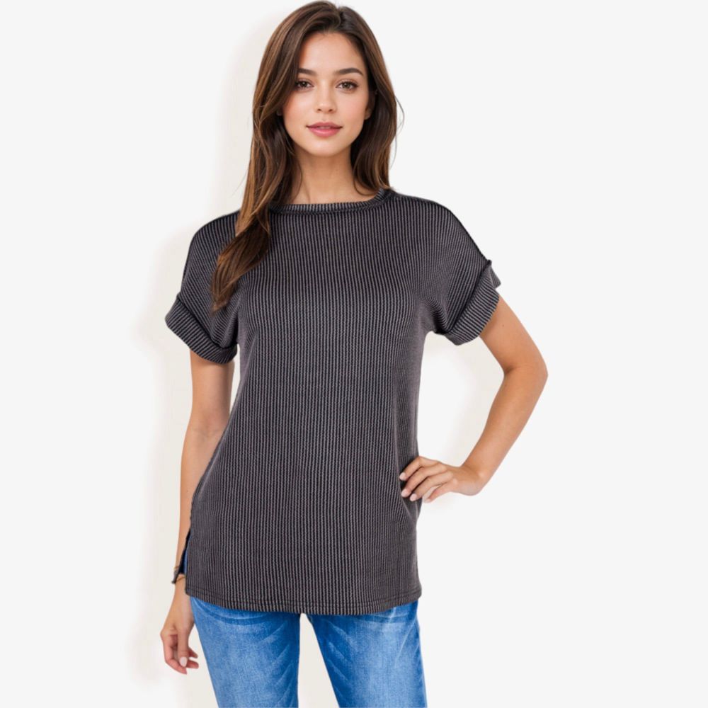 Striped Knit Top with Crew Neck and Short Sleeves, Casual Loose Fit Comfortable Blouse