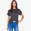 Gray Large Striped Knit Top with Crew Neck and Short Sleeves, Casual Loose Fit Comfortable Blouse