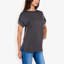 Gray Medium Striped Knit Top with Crew Neck and Short Sleeves, Casual Loose Fit Comfortable Blouse