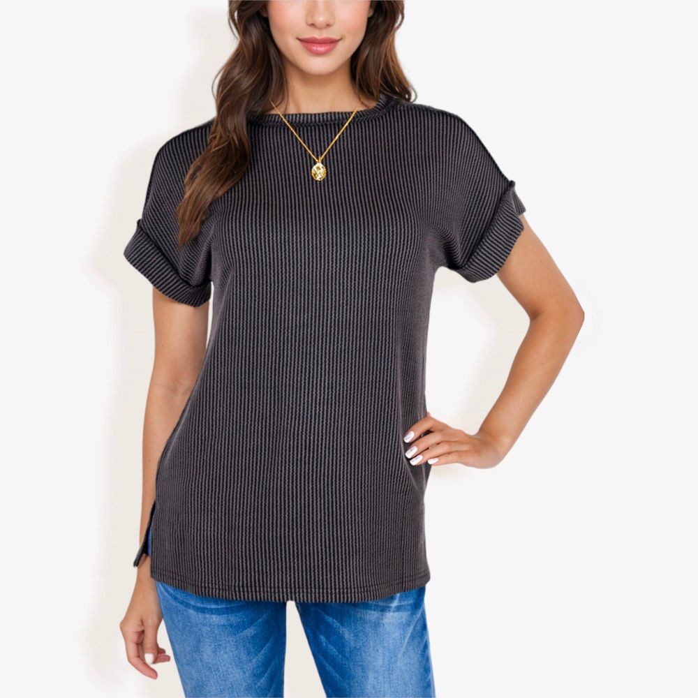 Striped Knit Top with Crew Neck and Short Sleeves, Casual Loose Fit Comfortable Blouse