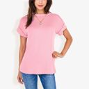 Pink Large Striped Knit Top with Crew Neck and Short Sleeves, Casual Loose Fit Comfortable Blouse