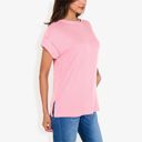 Pink Large Striped Knit Top with Crew Neck and Short Sleeves, Casual Loose Fit Comfortable Blouse