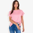 Pink Large Striped Knit Top with Crew Neck and Short Sleeves, Casual Loose Fit Comfortable Blouse