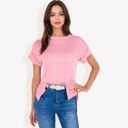 Pink Large Striped Knit Top with Crew Neck and Short Sleeves, Casual Loose Fit Comfortable Blouse