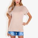 Beige Large Striped Knit Top with Crew Neck and Short Sleeves, Casual Loose Fit Comfortable Blouse