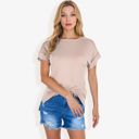 Beige Large Striped Knit Top with Crew Neck and Short Sleeves, Casual Loose Fit Comfortable Blouse