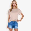 Beige Large Striped Knit Top with Crew Neck and Short Sleeves, Casual Loose Fit Comfortable Blouse