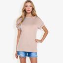 Beige Large Striped Knit Top with Crew Neck and Short Sleeves, Casual Loose Fit Comfortable Blouse