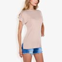 Beige Large Striped Knit Top with Crew Neck and Short Sleeves, Casual Loose Fit Comfortable Blouse