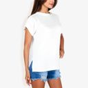 White Medium Striped Knit Top with Crew Neck and Short Sleeves, Casual Loose Fit Comfortable Blouse