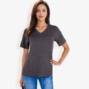  Ribbed Knit Top with V-Neck, Short Sleeves, Front Pocket, Loose Fit Casual Blouse