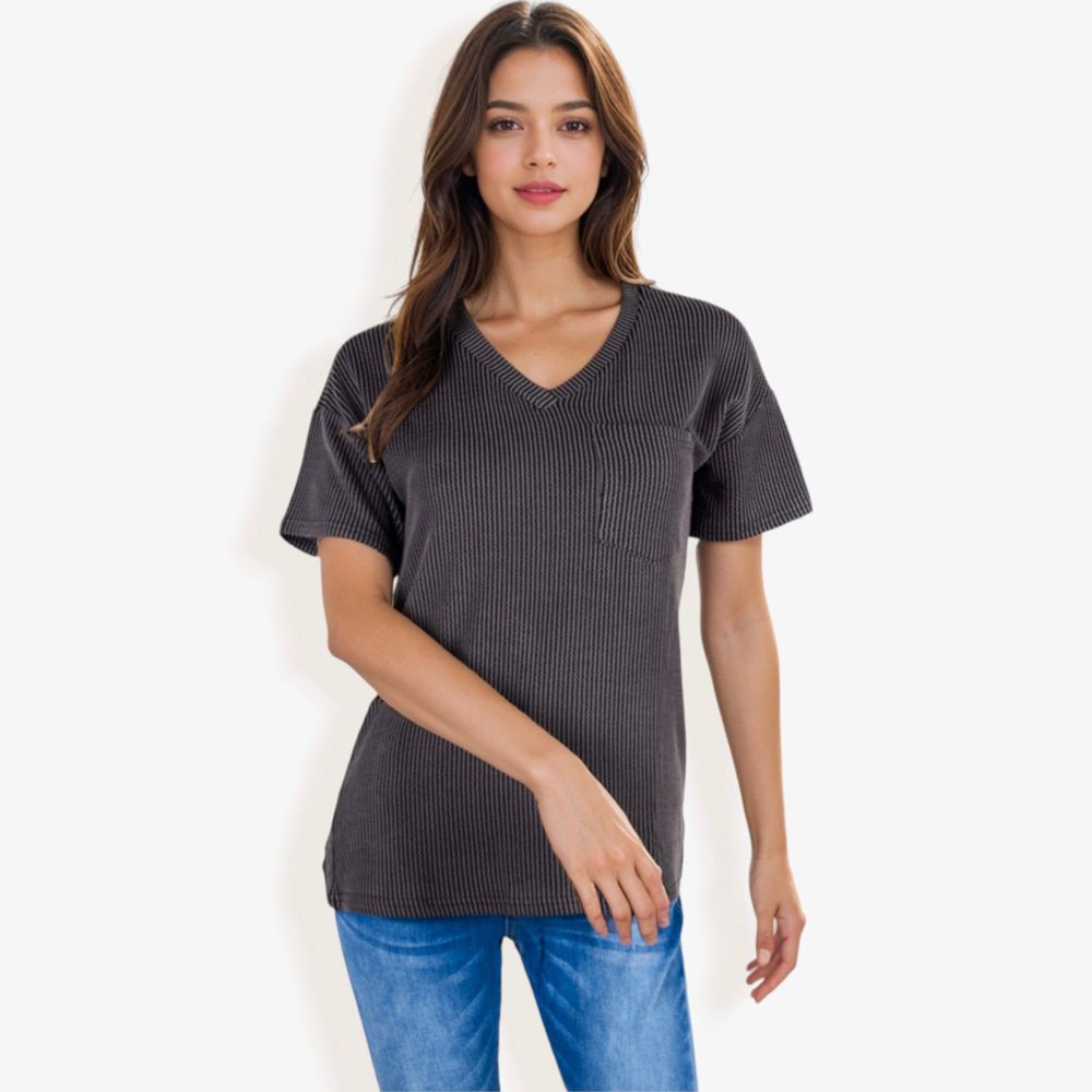 Ribbed Knit Top with V-Neck, Short Sleeves, Front Pocket, Loose Fit Casual Blouse