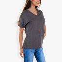  Ribbed Knit Top with V-Neck, Short Sleeves, Front Pocket, Loose Fit Casual Blouse