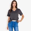  Ribbed Knit Top with V-Neck, Short Sleeves, Front Pocket, Loose Fit Casual Blouse