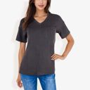  Ribbed Knit Top with V-Neck, Short Sleeves, Front Pocket, Loose Fit Casual Blouse