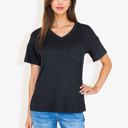 Black Large Ribbed Knit Top with V-Neck, Short Sleeves, Front Pocket, Loose Fit Casual Blouse