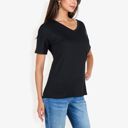 Black Large Ribbed Knit Top with V-Neck, Short Sleeves, Front Pocket, Loose Fit Casual Blouse