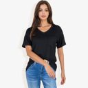 Black Large Ribbed Knit Top with V-Neck, Short Sleeves, Front Pocket, Loose Fit Casual Blouse