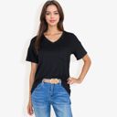 Black Large Ribbed Knit Top with V-Neck, Short Sleeves, Front Pocket, Loose Fit Casual Blouse