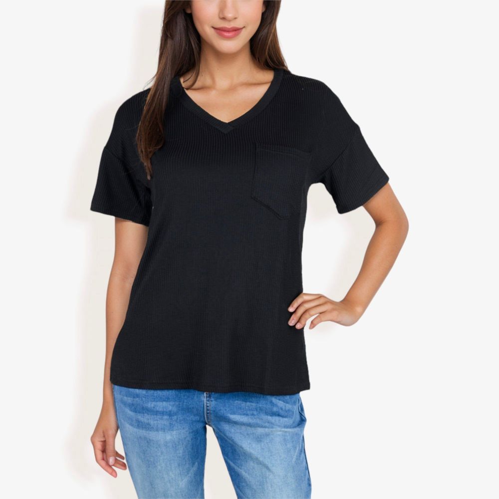 Ribbed Knit Top with V-Neck, Short Sleeves, Front Pocket, Loose Fit Casual Blouse