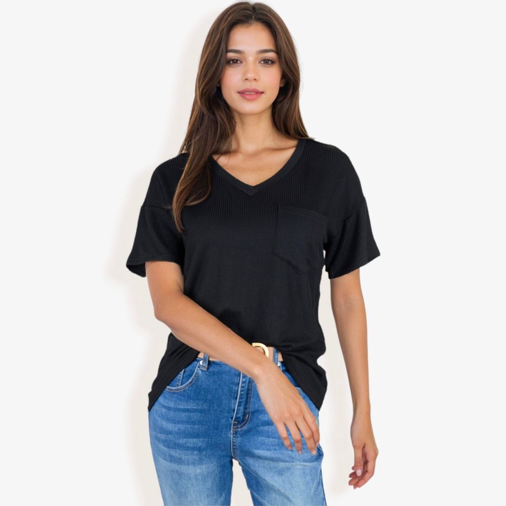 Ribbed Knit Top with V-Neck, Short Sleeves, Front Pocket, Loose Fit Casual Blouse