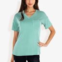 Green Large Ribbed Knit Top with V-Neck, Short Sleeves, Front Pocket, Loose Fit Casual Blouse