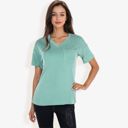 Green Large Ribbed Knit Top with V-Neck, Short Sleeves, Front Pocket, Loose Fit Casual Blouse