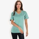 Green Large Ribbed Knit Top with V-Neck, Short Sleeves, Front Pocket, Loose Fit Casual Blouse