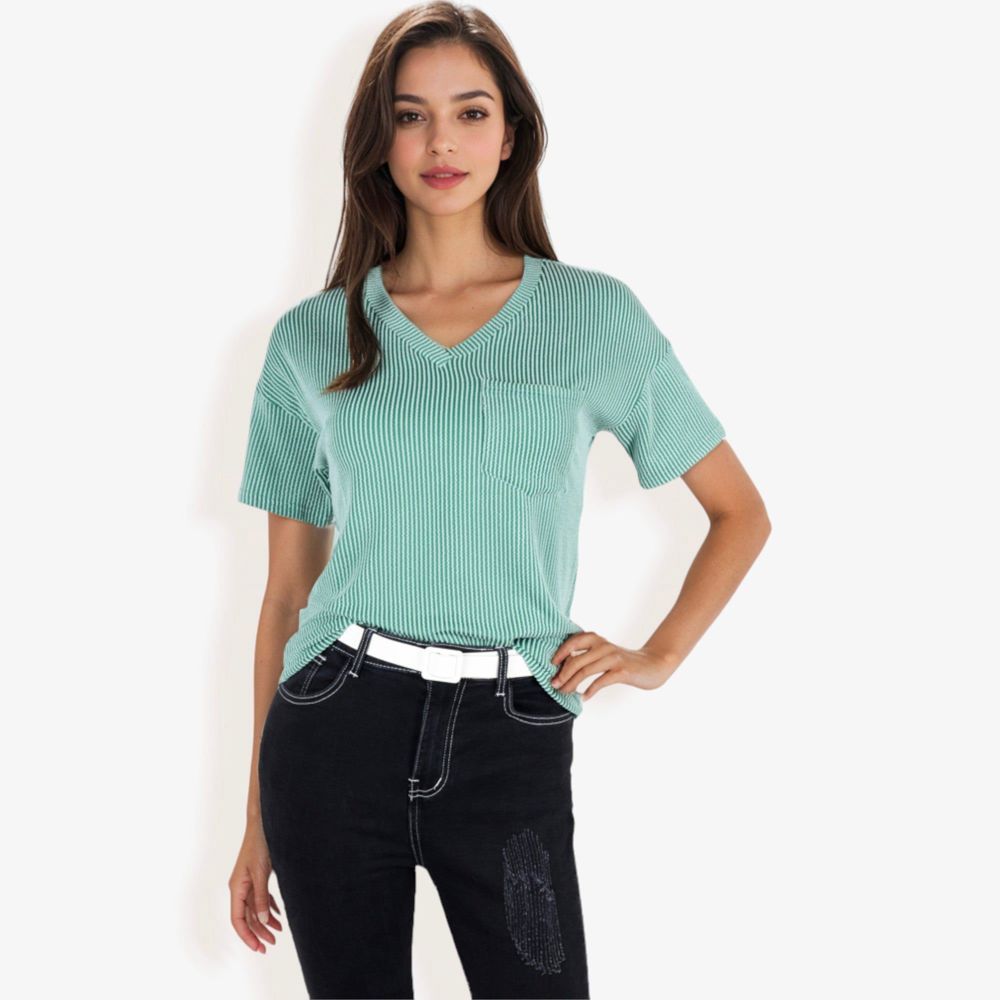 Ribbed Knit Top with V-Neck, Short Sleeves, Front Pocket, Loose Fit Casual Blouse