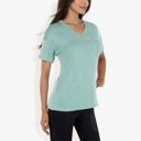 Green Large Ribbed Knit Top with V-Neck, Short Sleeves, Front Pocket, Loose Fit Casual Blouse