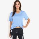 Blue Large Ribbed Knit Top with V-Neck, Short Sleeves, Front Pocket, Loose Fit Casual Blouse