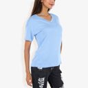 Blue Large Ribbed Knit Top with V-Neck, Short Sleeves, Front Pocket, Loose Fit Casual Blouse