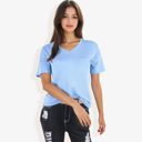 Blue Large Ribbed Knit Top with V-Neck, Short Sleeves, Front Pocket, Loose Fit Casual Blouse