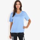 Blue Large Ribbed Knit Top with V-Neck, Short Sleeves, Front Pocket, Loose Fit Casual Blouse