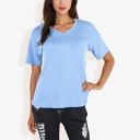 Blue Large Ribbed Knit Top with V-Neck, Short Sleeves, Front Pocket, Loose Fit Casual Blouse