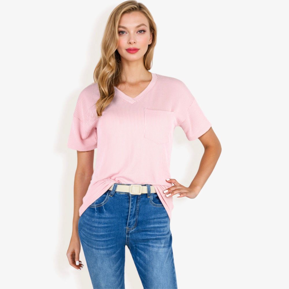 Ribbed Knit Top with V-Neck, Short Sleeves, Front Pocket, Loose Fit Casual Blouse