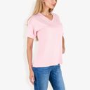 Pink Large Ribbed Knit Top with V-Neck, Short Sleeves, Front Pocket, Loose Fit Casual Blouse