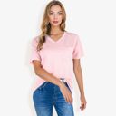 Pink Large Ribbed Knit Top with V-Neck, Short Sleeves, Front Pocket, Loose Fit Casual Blouse