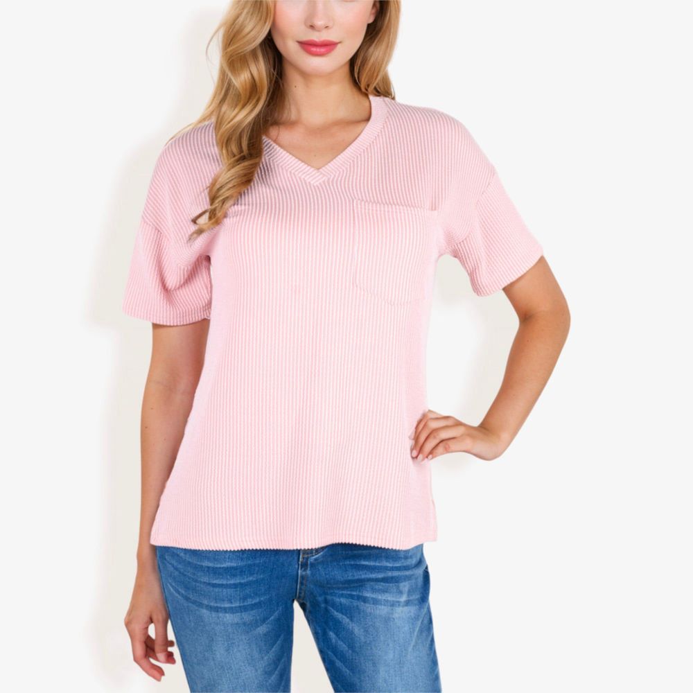 Ribbed Knit Top with V-Neck, Short Sleeves, Front Pocket, Loose Fit Casual Blouse