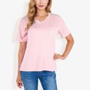 Pink Large Ribbed Knit Top with V-Neck, Short Sleeves, Front Pocket, Loose Fit Casual Blouse