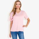 Pink Large Ribbed Knit Top with V-Neck, Short Sleeves, Front Pocket, Loose Fit Casual Blouse