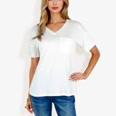 White Large Ribbed Knit Top with V-Neck, Short Sleeves, Front Pocket, Loose Fit Casual Blouse