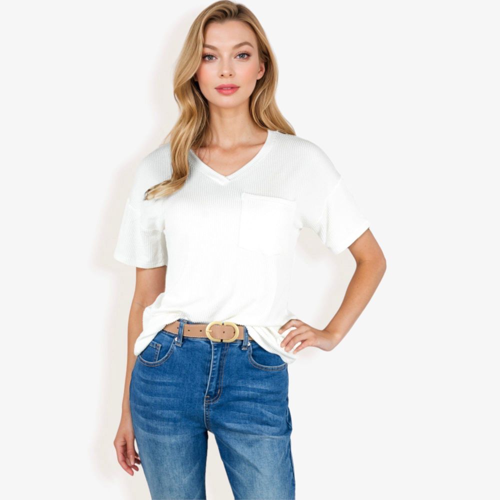 Ribbed Knit Top with V-Neck, Short Sleeves, Front Pocket, Loose Fit Casual Blouse