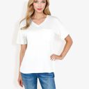 White Large Ribbed Knit Top with V-Neck, Short Sleeves, Front Pocket, Loose Fit Casual Blouse