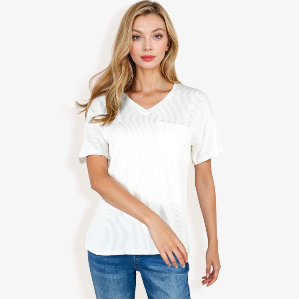 Ribbed Knit Top with V-Neck, Short Sleeves, Front Pocket, Loose Fit Casual Blouse