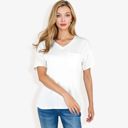 White Large Ribbed Knit Top with V-Neck, Short Sleeves, Front Pocket, Loose Fit Casual Blouse