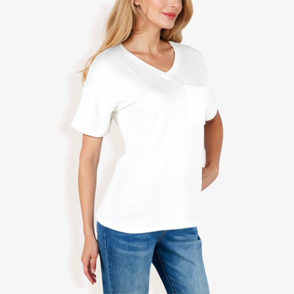 Ribbed Knit Top with V-Neck, Short Sleeves, Front Pocket, Loose Fit Casual Blouse