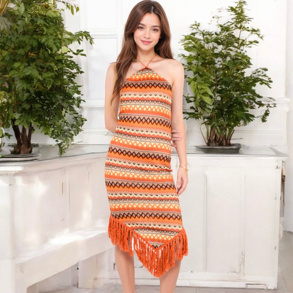 Halter Neck Boho Print Midi Dress with Fringe Hem