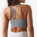 Gray Medium Women's Scoop Neck Stretchy Cropped Banded Criss Cross Back Sports Bra